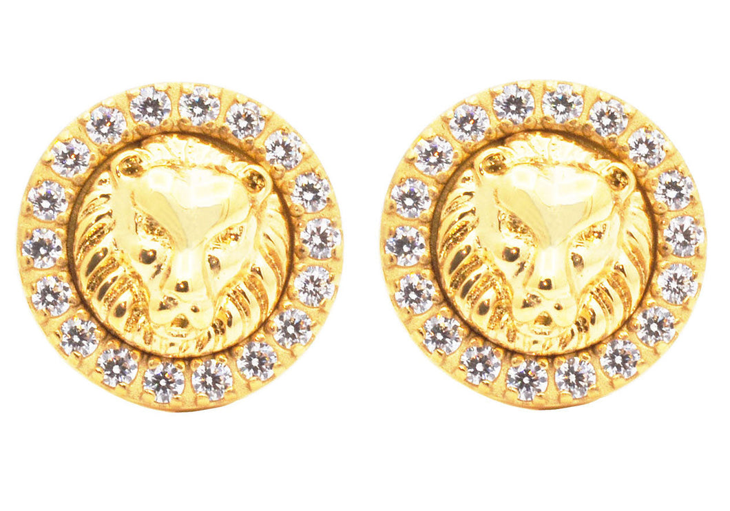 Mens Lion's Head Gold Stainless Steel Earrings With Cubic Zirconia - Blackjack Jewelry
