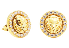 Load image into Gallery viewer, Mens Lion&#39;s Head Gold Stainless Steel Earrings With Cubic Zirconia - Blackjack Jewelry
