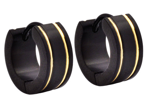 Mens 14mm Black Stainless Steel Gold Divoted Hoop Earrings - Blackjack Jewelry