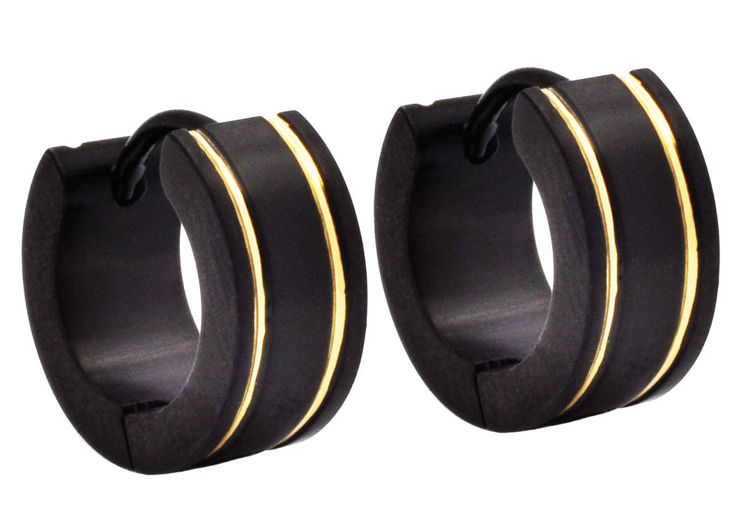 Mens 14mm Black Stainless Steel Gold Divoted Hoop Earrings