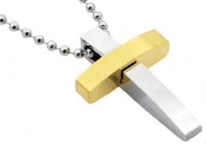 Mens Two Tone Gold Stainless Steel Cross Pendant Necklace With 24" Bead Chain - Blackjack Jewelry