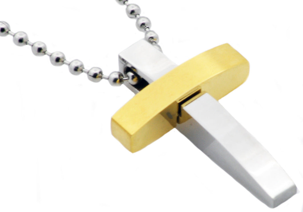 Mens Two Tone Gold Stainless Steel Cross Pendant Necklace With 24