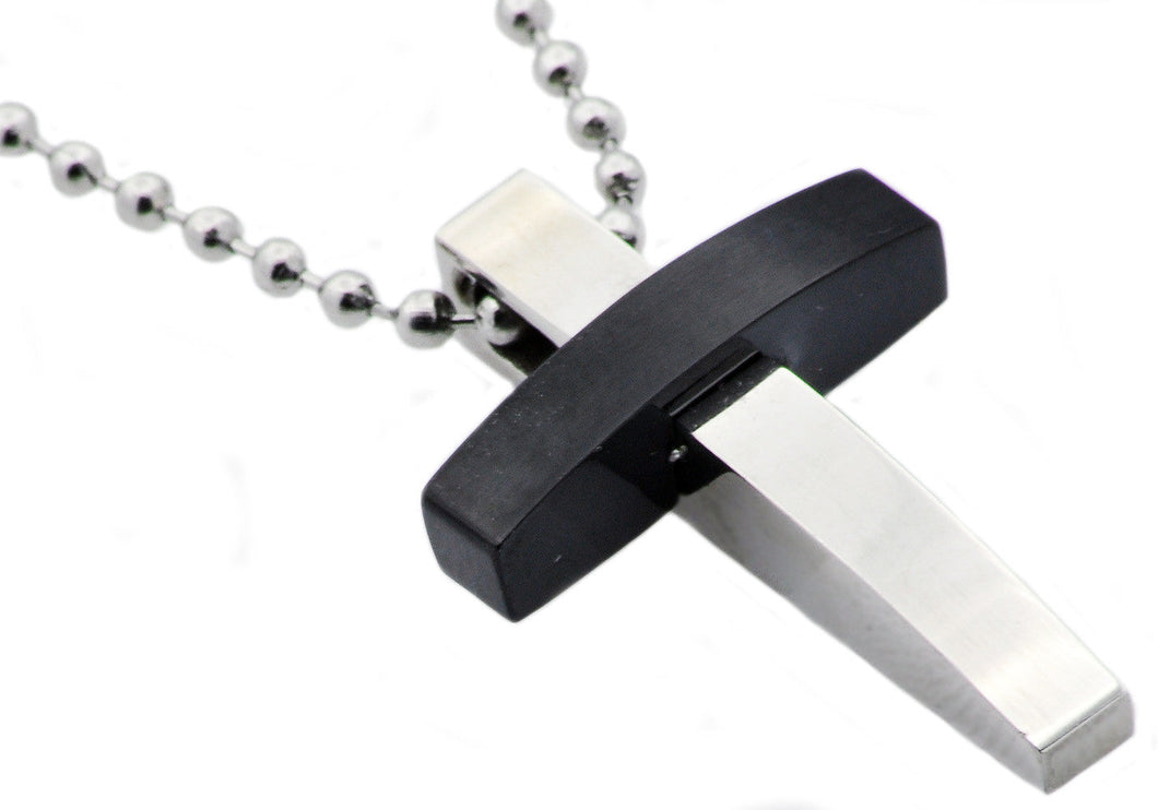 Mens Two Tone Black Stainless Steel Cross Pendant Necklace With 24