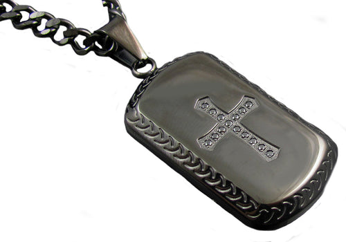 Mens Black Stainless Steel Cross Dog Tag Pendant Necklace with Black Cubic Zirconia - Blackjack Jewelry