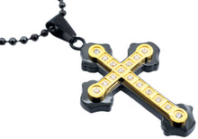 Load image into Gallery viewer, Mens Black And Gold Stainless Steel Cross Pendant Necklace With Cubic Zirconia - Blackjack Jewelry
