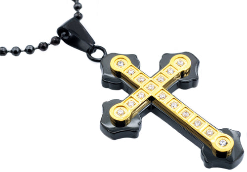 Mens Black And Gold Stainless Steel Cross Pendant Necklace With Cubic Zirconia - Blackjack Jewelry