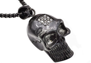 Mens Black Stainless Steel Skull Pendant With Black Cubic Zirconia - Blackjack Jewelry