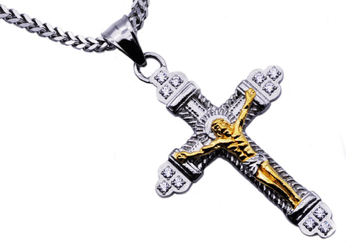 Mens Two Tone Gold Stainless Steel Cross Pendant With 24
