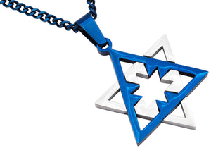 Mens Two-Toned Blue Plated Stainless Steel Star Of David Pendant With 24" Blue Curb Chain
