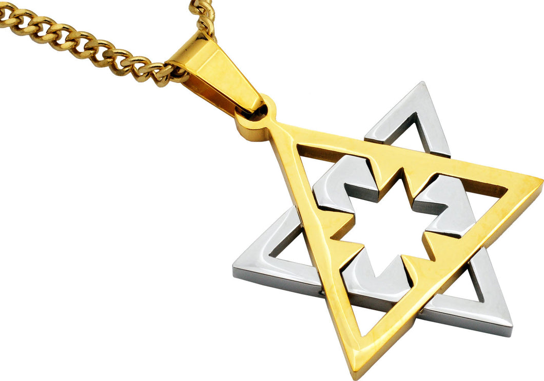 Mens Two-Tone Gold Plated Stainless Steel Star Of David Pendant With 24