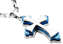 Load image into Gallery viewer, Mens Stainless Steel Large Cross Pendant Necklace With Blue Plated Edges - Blackjack Jewelry
