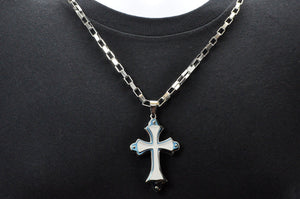 Mens Stainless Steel Large Cross Pendant Necklace With Blue Plated Edges