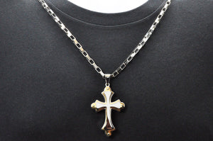 Mens Stainless Steel Large Cross Pendant Necklace With Gold Edges
