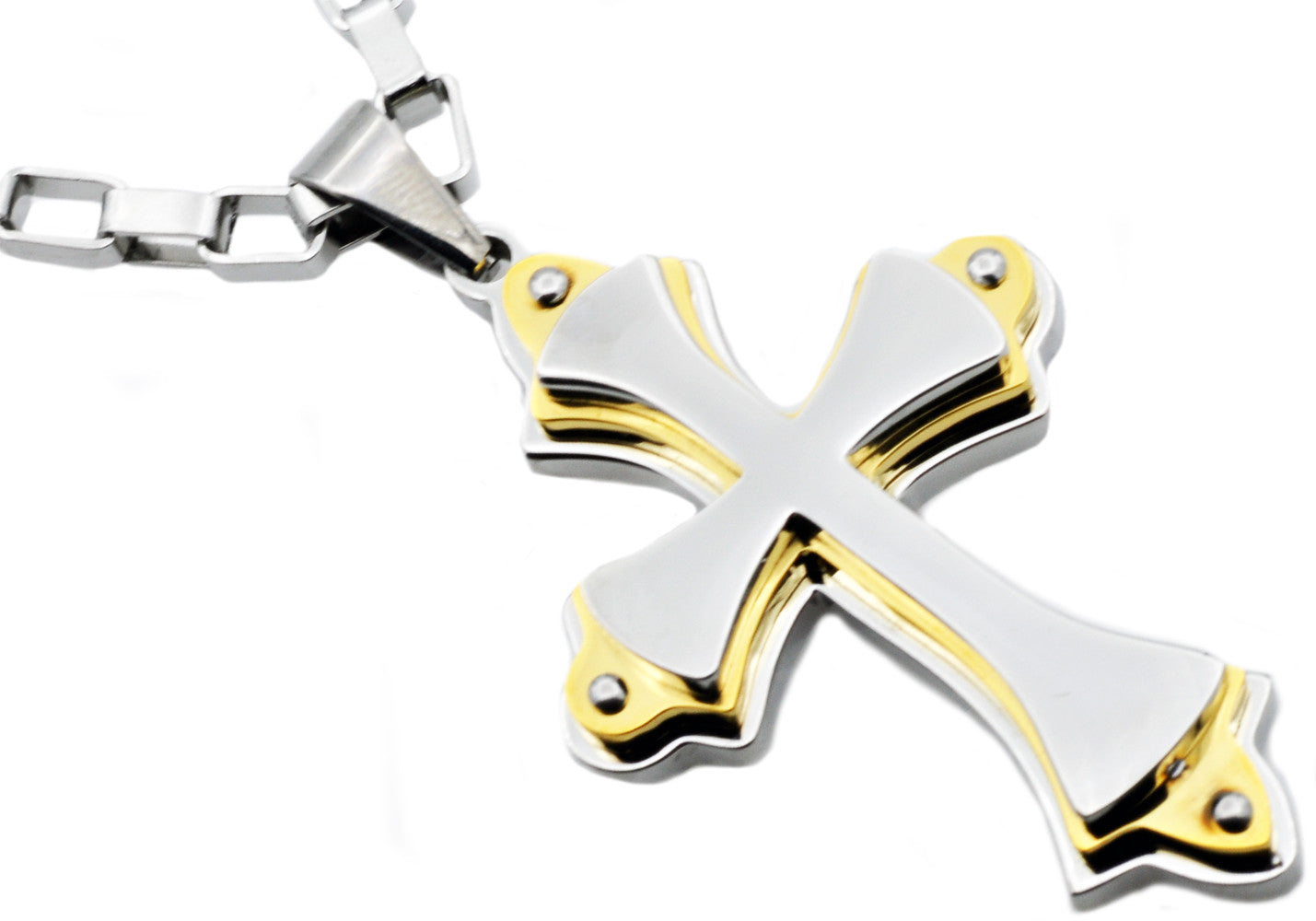 Mens Stainless Steel Large Cross Pendant Necklace With Gold Edges