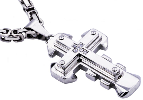 Mens Stainless Steel Cross Pendant With Cubic Zirconia - Blackjack Jewelry