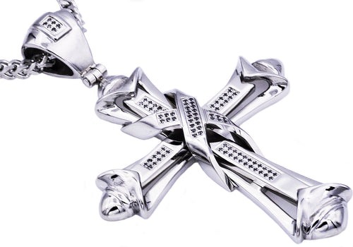 Mens Stainless Steel Cross Pendant With Black Cubic Zirconia - Blackjack Jewelry