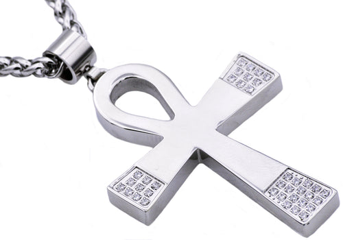 Mens Stainless Steel Ankh Cross Pendant With Cubic Zirconia - Blackjack Jewelry