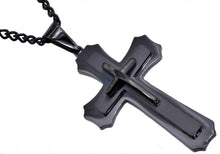 Load image into Gallery viewer, Mens Black Stainless Steel Layered Cross Pendant Necklace - Blackjack Jewelry
