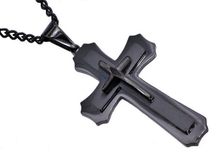 Mens Black Stainless Steel Layered Cross Pendant Necklace - Blackjack Jewelry