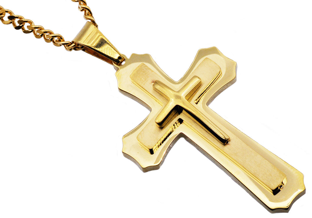Mens Gold Stainless Steel Layered Cross Pendant Necklace With 24