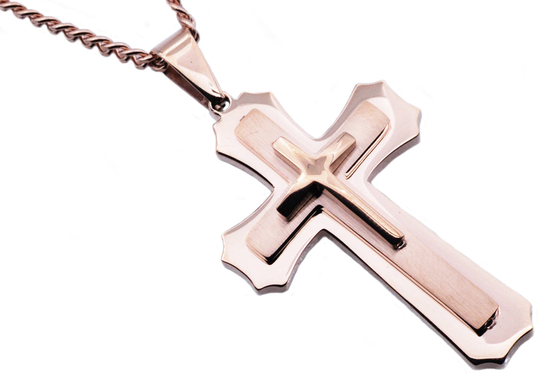 Mens Rose Stainless Steel Layered Cross Pendant Necklace - Blackjack Jewelry