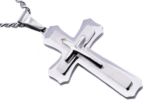 Mens Stainless Steel Layered Cross Pendant Necklace - Blackjack Jewelry