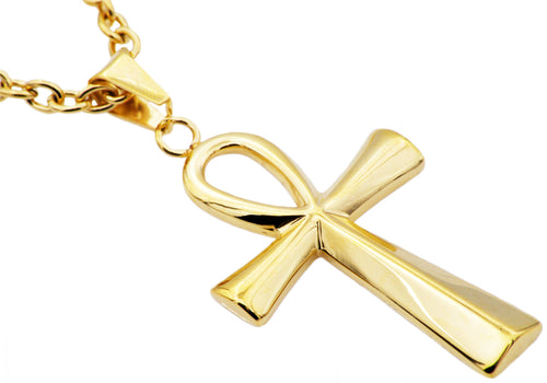 Mens Gold Stainless Steel Ankh Cross Pendant - Blackjack Jewelry