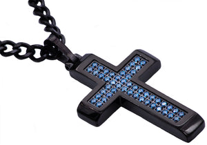 Mens Black Stainless Steel Cross Pendant With Blue Cubic Zirconia - Blackjack Jewelry
