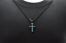Load image into Gallery viewer, Mens Black Stainless Steel Cross Pendant With Blue Cubic Zirconia
