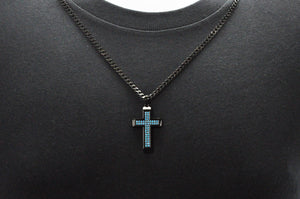 Mens Black Stainless Steel Cross Pendant With Blue Cubic Zirconia