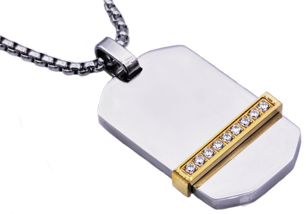 Mens Gold Stainless Steel Dog Tag Pendant With Cubic Zirconia - Blackjack Jewelry