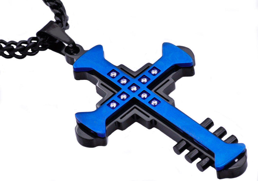 Mens Black And Blue Stainless Steel Cross Pendant Necklace With Cubic Zirconia - Blackjack Jewelry
