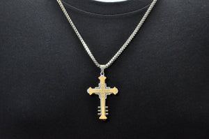 Mens Two Tone Gold Stainless Steel Cross Pendant With Cubic Zirconia