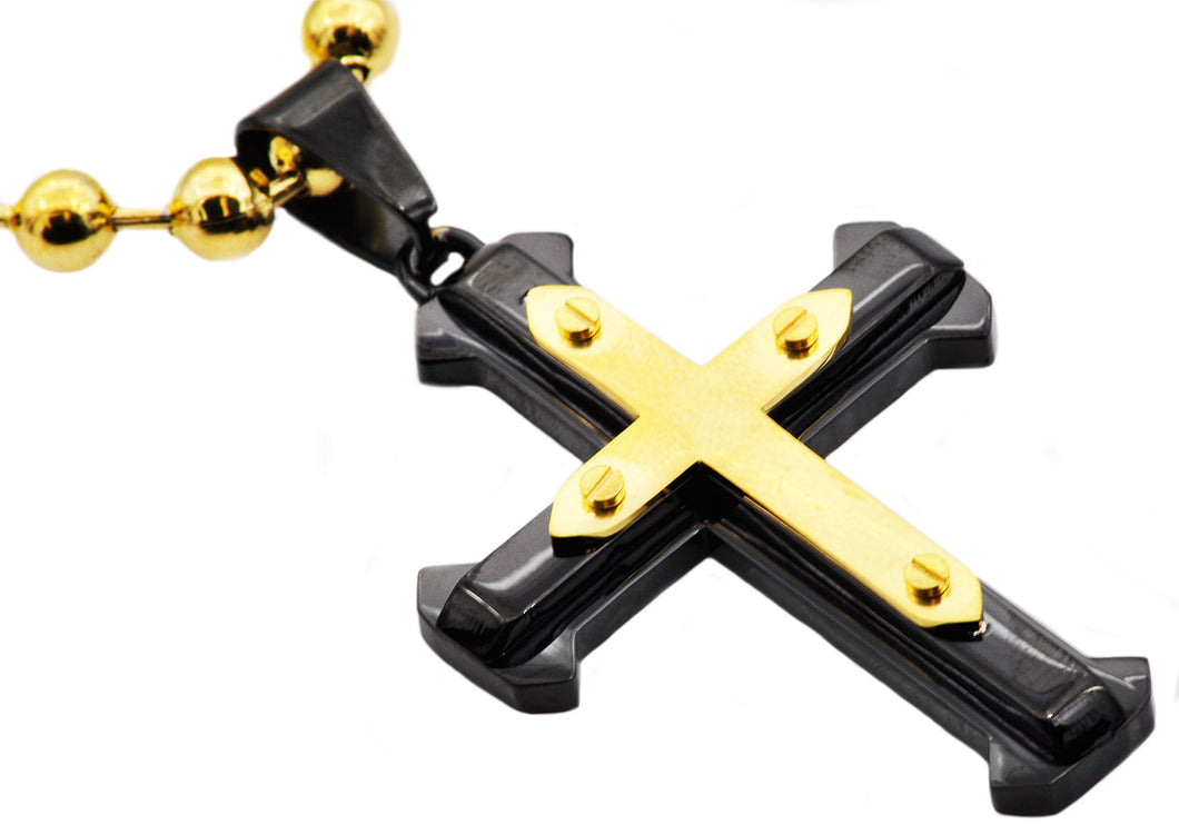 Mens Black And Gold Plated Stainless Steel Cross Pendant Neclace - Blackjack Jewelry
