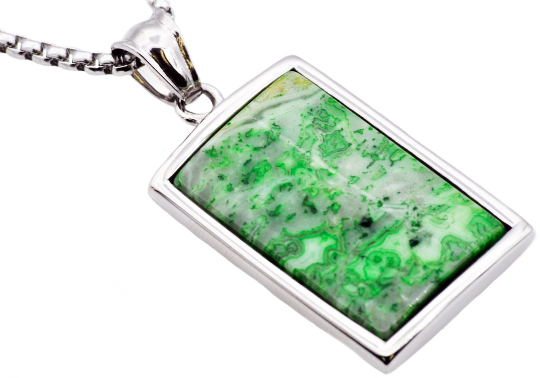 Mens Stainless Steel Green Lace Agate Dog Tag Pendant - Blackjack Jewelry