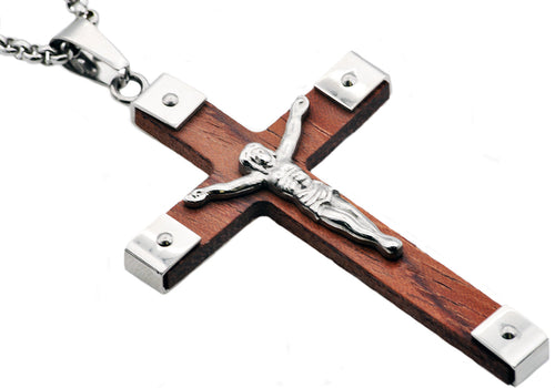 Mens Wood And Stainless Steel Cross Pendant - Blackjack Jewelry