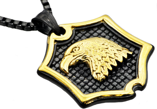 Mens Black And Gold Stainless Steel Eagle Pendant Necklace - Blackjack Jewelry
