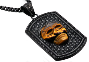 Mens Black Stainless Steel Tiger Eye Skull Dog Tag Pendant - Blackjack Jewelry