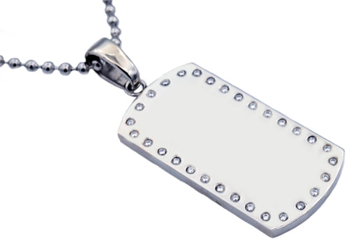 Mens Engravable Dog Tag Stainless Steel Pendant Necklace With Cubic Zirconia - Blackjack Jewelry