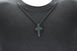 Mens Black And Blue Stainless Steel Textured Cross Pendant Necklace - Blackjack Jewelry
