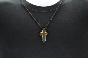 Mens Black And Rose Stainless Steel Textured Cross Pendant Necklace - Blackjack Jewelry