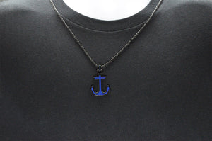Mens Black And Blue Stainless Steel Anchor Pendant Necklace - Blackjack Jewelry