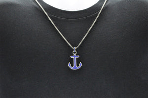 Mens Blue Stainless Steel Anchor Pendant - Blackjack Jewelry