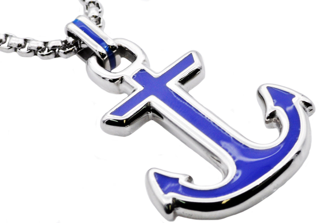 Mens Blue Stainless Steel Anchor Pendant - Blackjack Jewelry