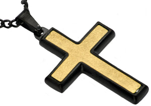 Mens Sandblasted Black And Gold Stainless Steel Cross Pendant - Blackjack Jewelry
