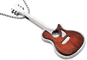 Mens Wood Inlaid Stainless Steel Guitar Pendant - Blackjack Jewelry