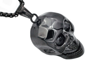 Mens Black Stainless Steel Skull Pendant With Black Cubic Zirconia - Blackjack Jewelry