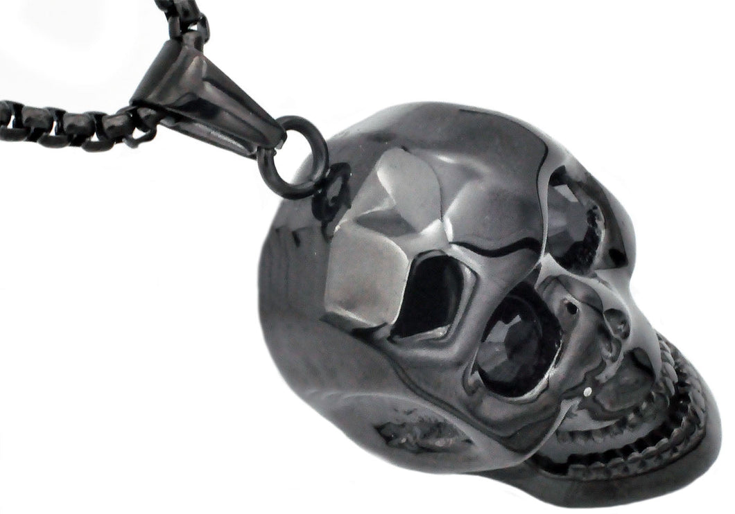 Mens Black Stainless Steel Skull Pendant With Black Cubic Zirconia - Blackjack Jewelry