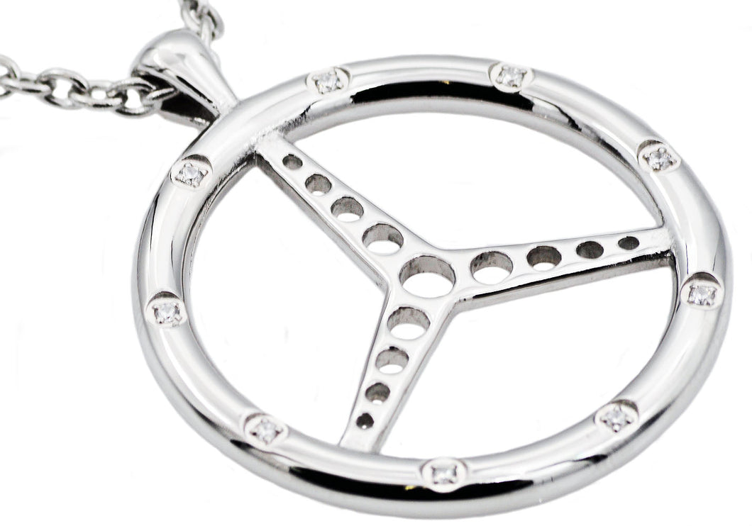 Mens Stainless Steel Steering Wheel Pendant With Cubic Zirconia - Blackjack Jewelry