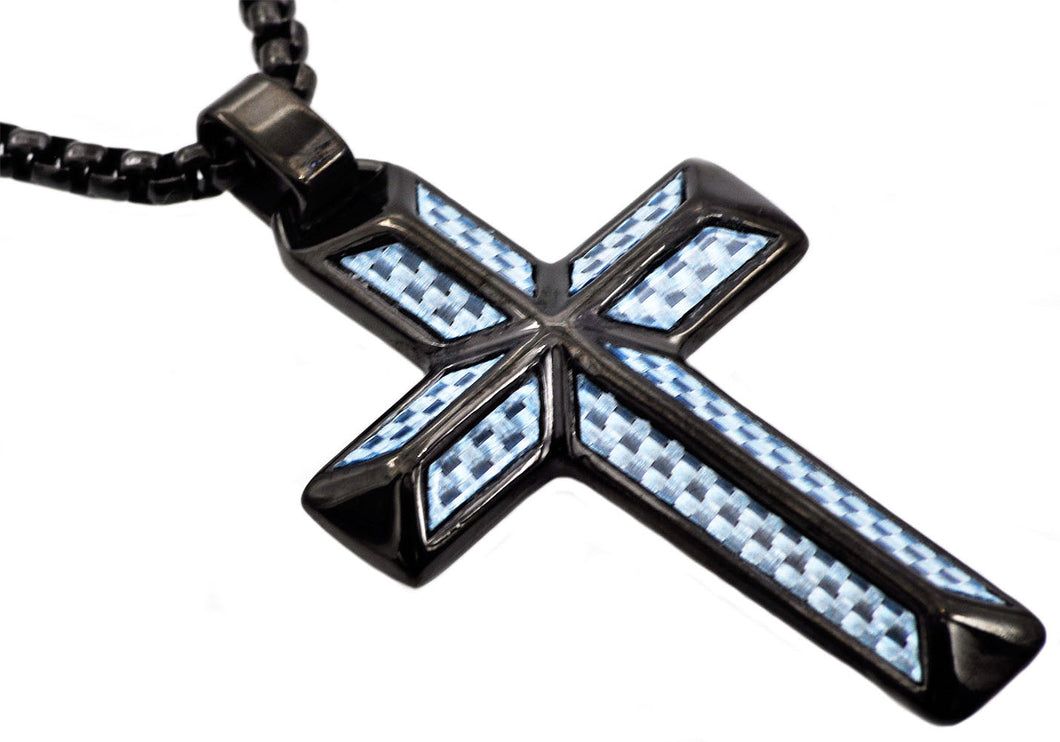 Mens Blue Carbon Fiber Black Stainless Steel Cross Pendant - Blackjack Jewelry